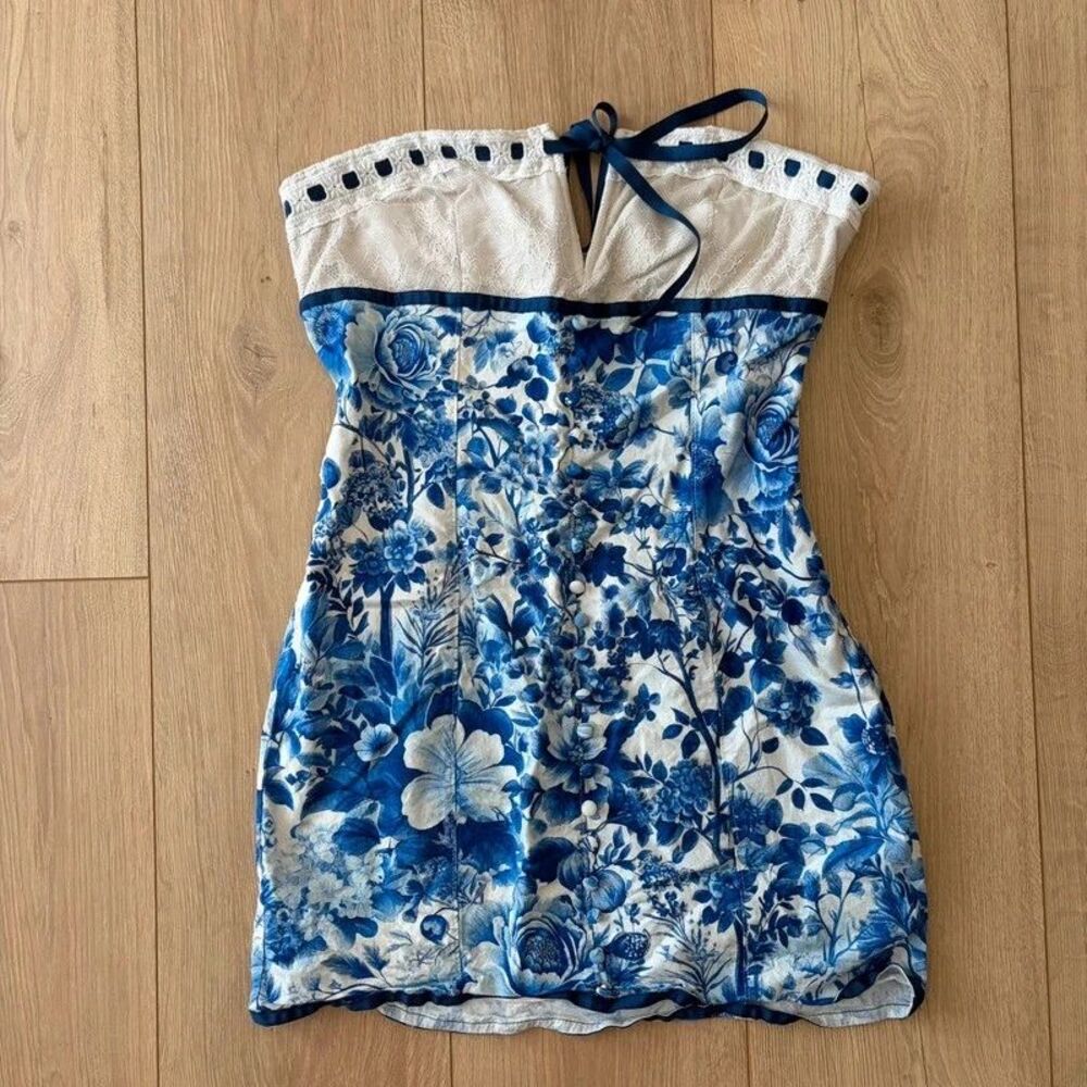 Anthropologie Blue Floral Lace Bow Mini Dress Small
